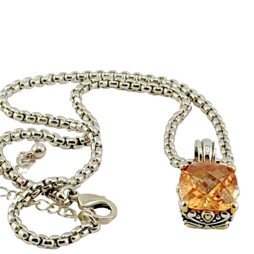 Facet Cut 20 Carat Citrine Color CZ Silver Tone Filigree Pendant Necklace - Picture 3 of 9